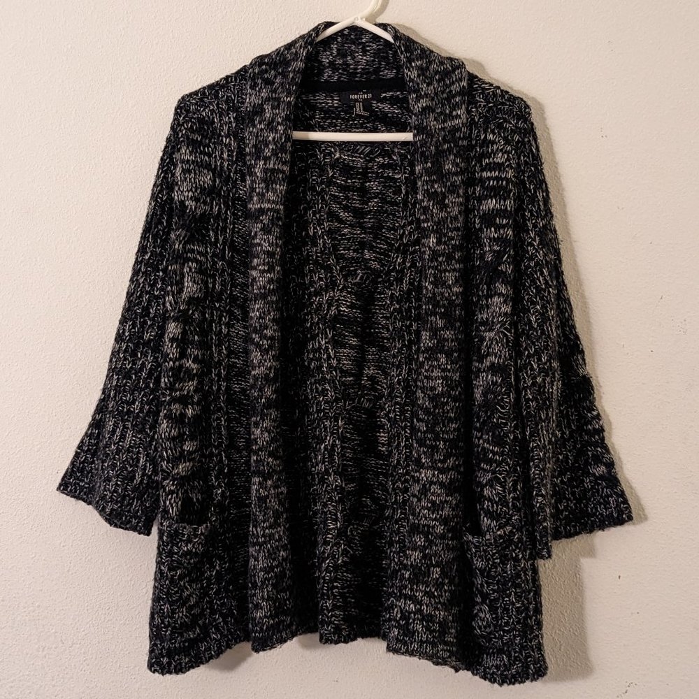Forever 21 Quarter Sleeve Cardigan, Black Gray, Medium, Knitted Chunky Sweater